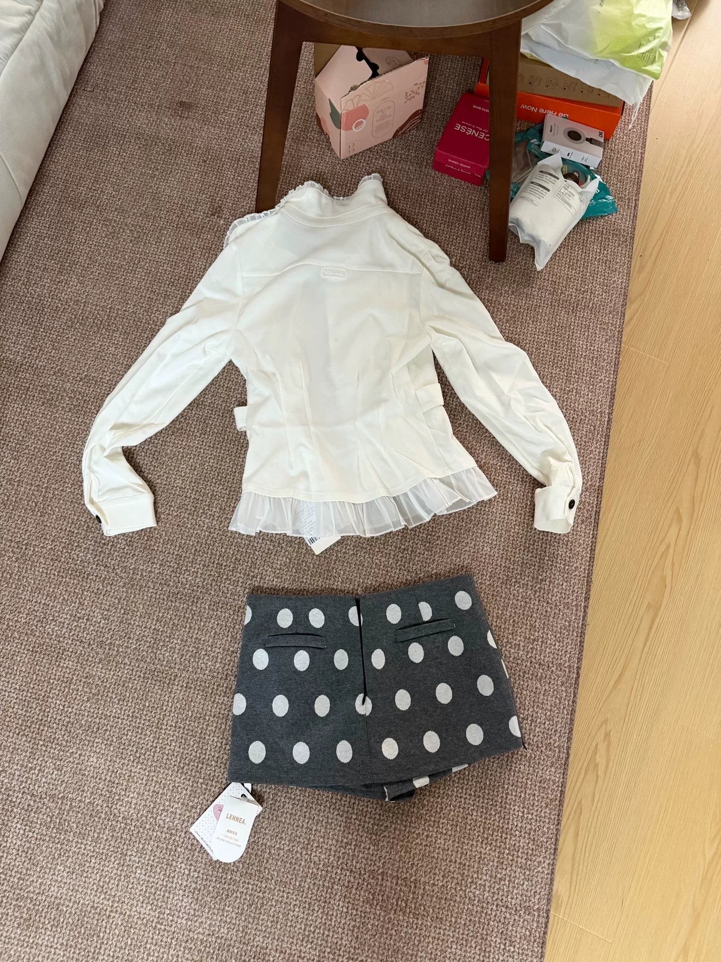 LENNEA White Ruffle Shirt & Polka-Dot Bottom Set