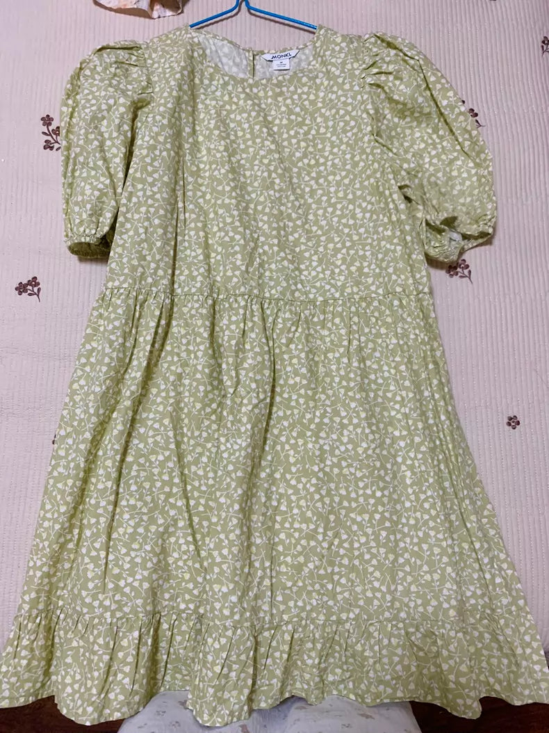 MONKI Sage Floral Puff-Sleeve Dress