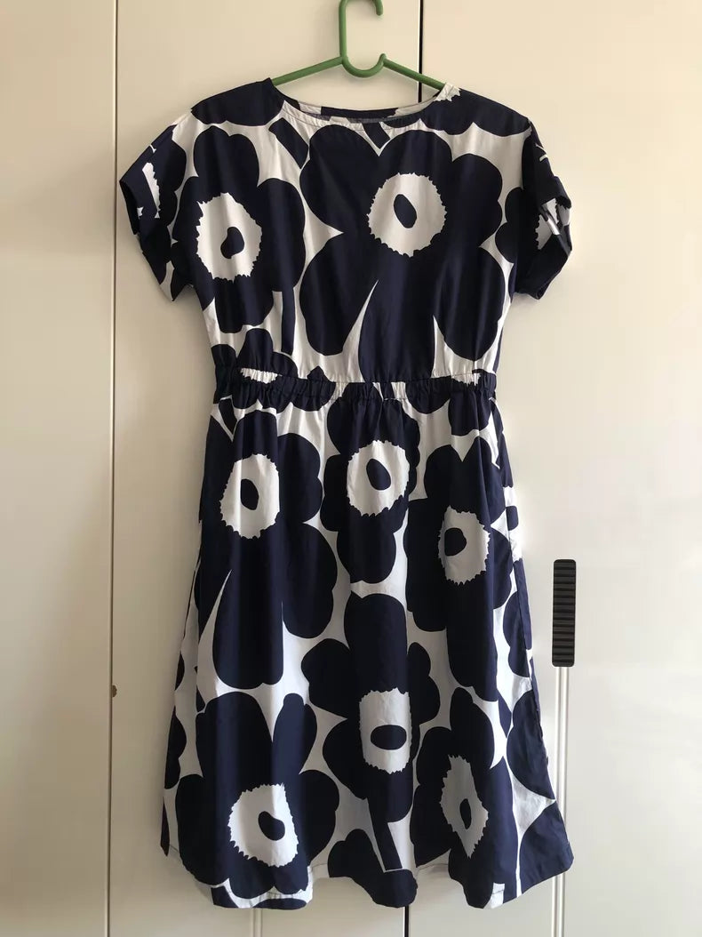 Marimekko Unikko Navy and Cream Cotton Dress