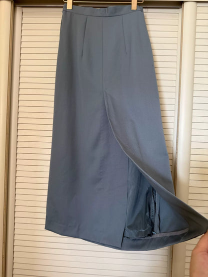 Japanese Vintage Mist-Blue Tailored Maxi Skirt
