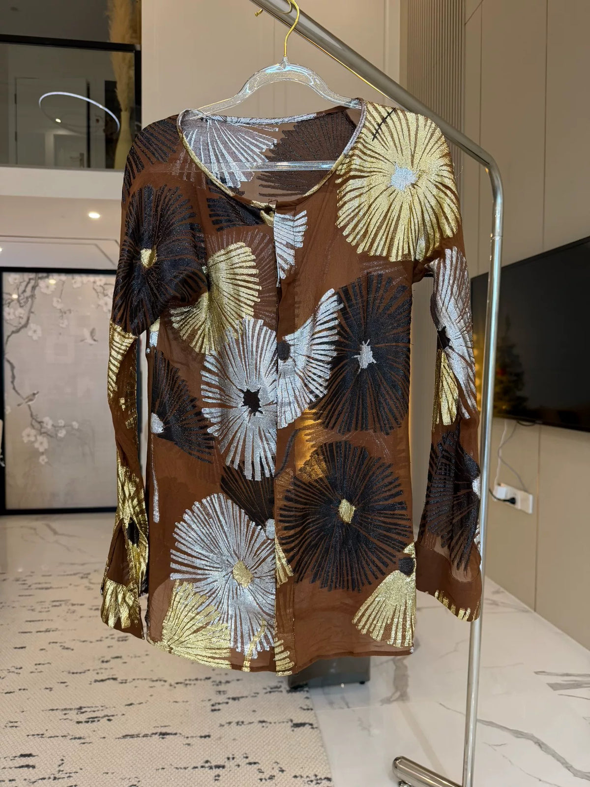 Metallic Floral Sheer Silk Blouse