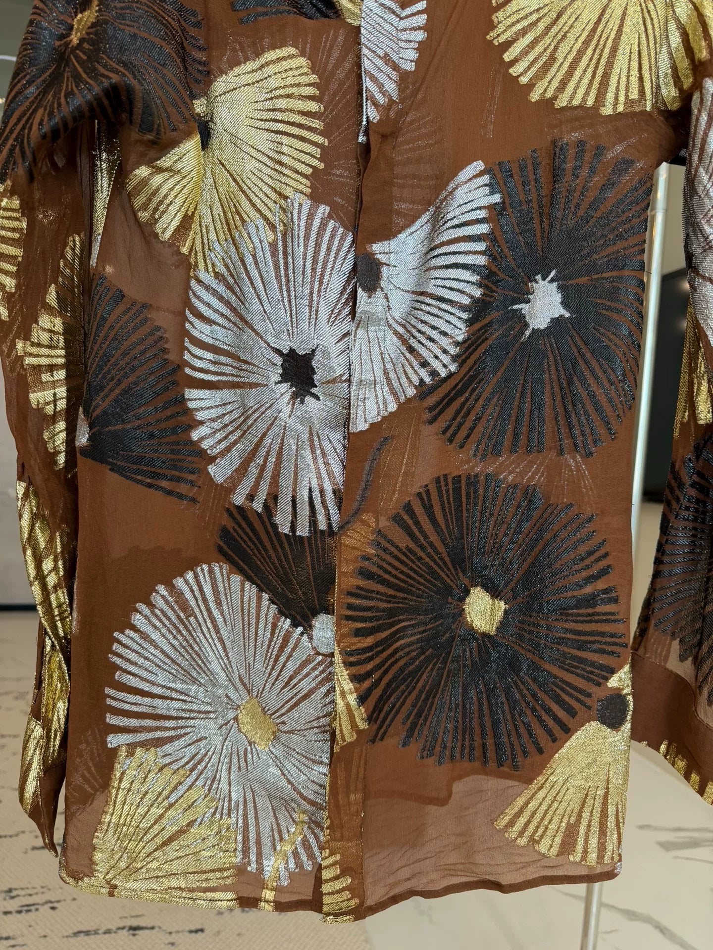 Metallic Floral Sheer Silk Blouse