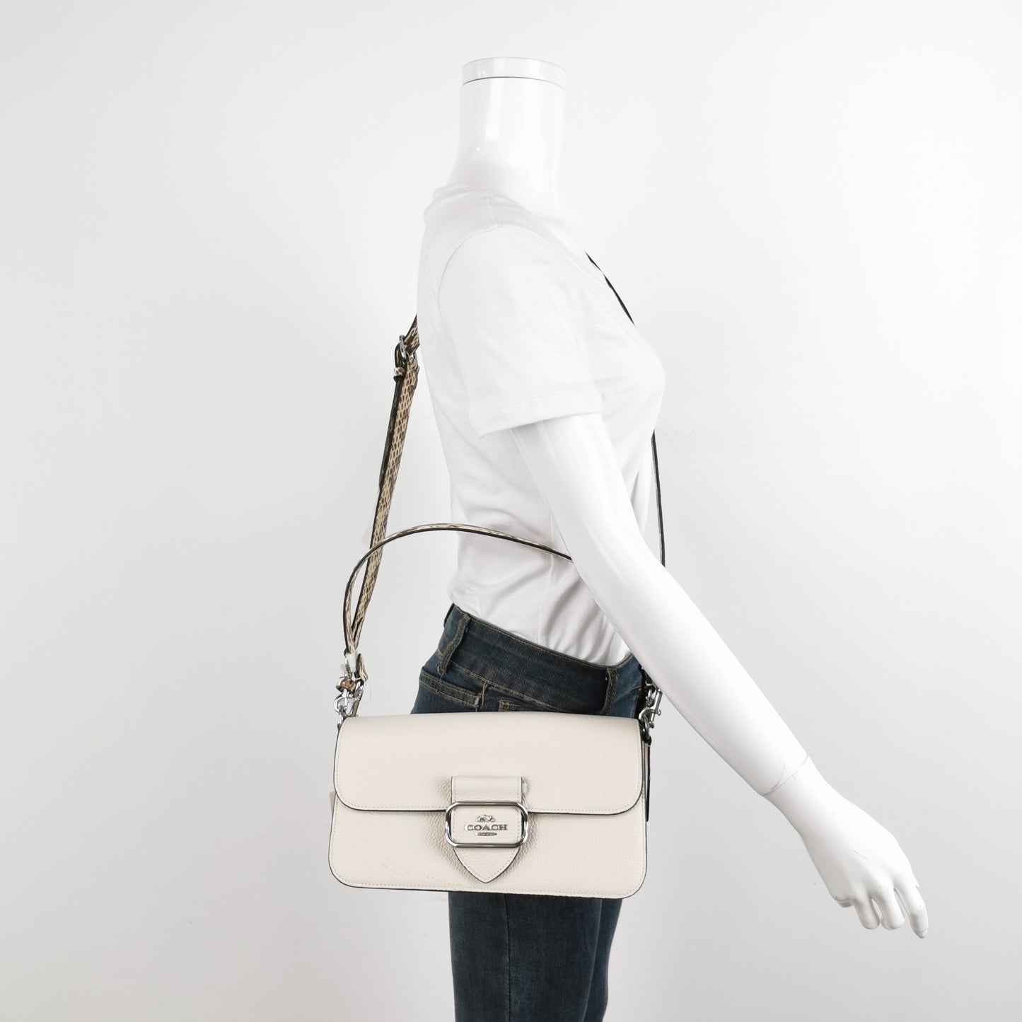 Coach Morgan Ivory Leather Shoulder Bag with Snake-Print Strap