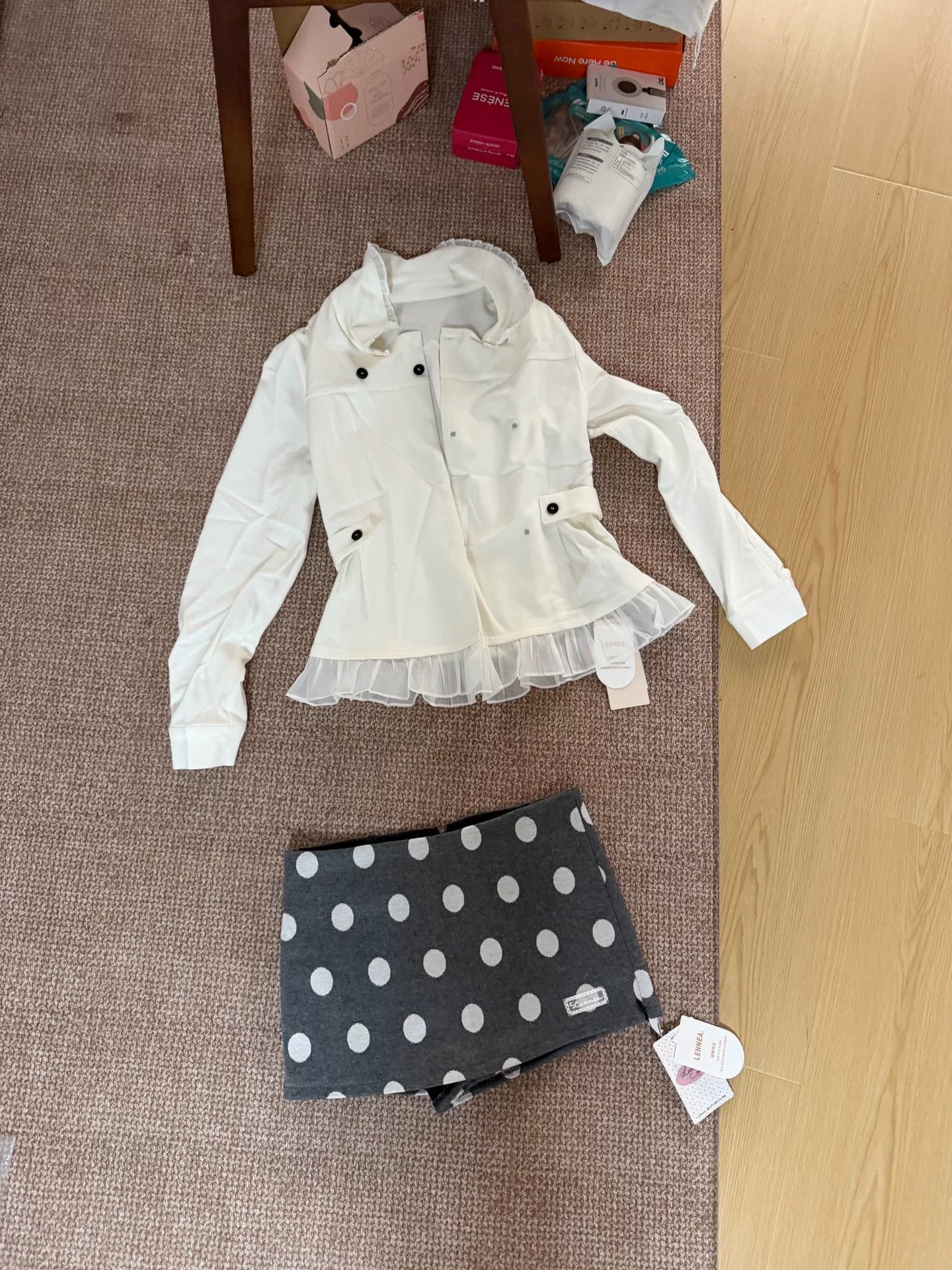 LENNEA White Ruffle Shirt & Polka-Dot Bottom Set
