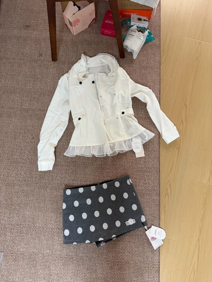 LENNEA White Ruffle Shirt & Polka-Dot Bottom Set
