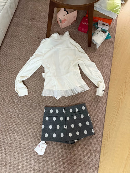 LENNEA White Ruffle Shirt & Polka-Dot Bottom Set