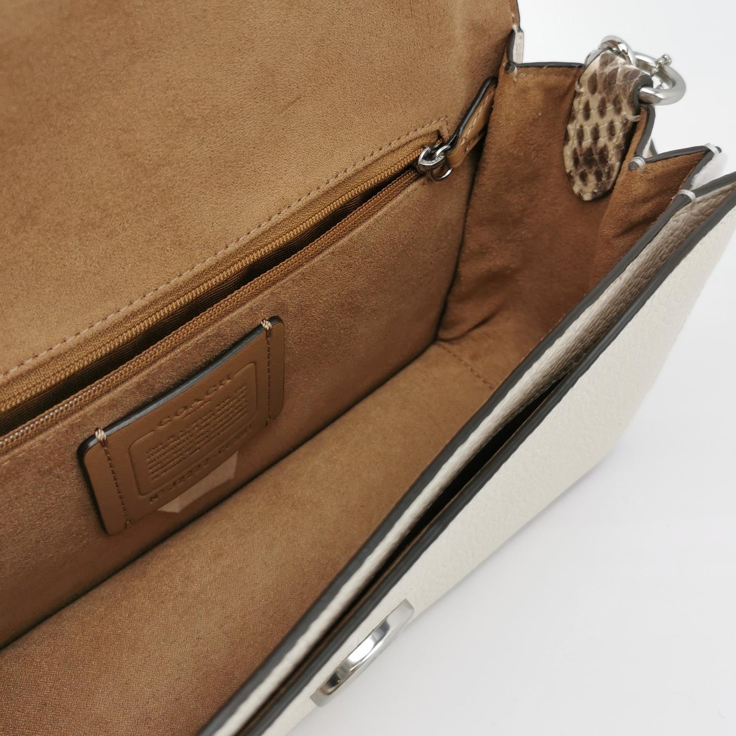 Coach Morgan Ivory Leather Shoulder Bag with Snake-Print Strap
