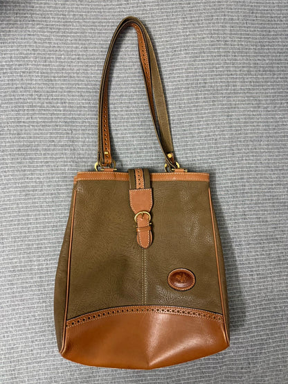 Vintage Olive & Tan Structured Tote Bag — Medium