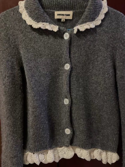SHUSHU/TONG Lace-Trim Knit Cardigan — Charcoal