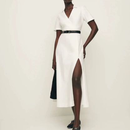 Ivory V-Neck Cotton Midi Dress