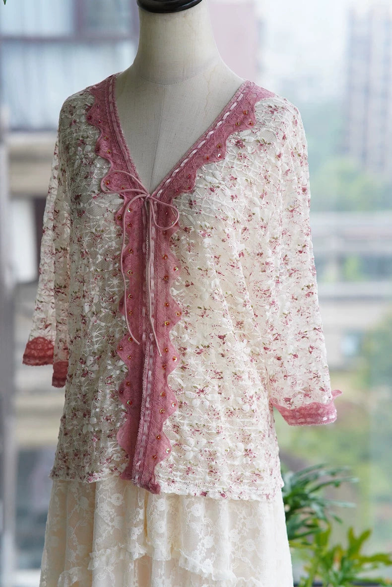 Rose-Lace Tie-Front Cardigan