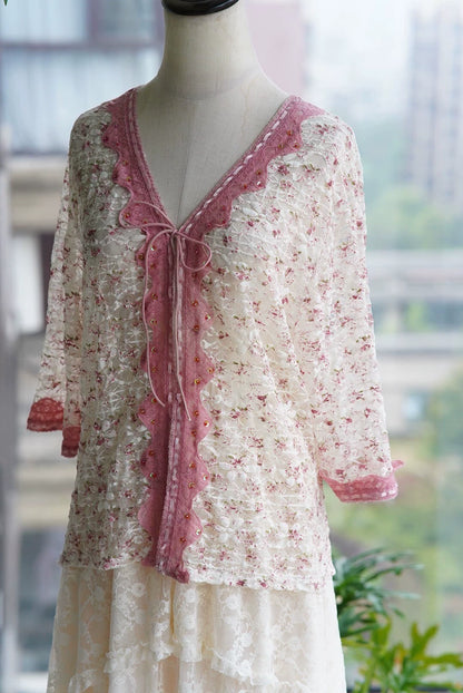 Rose-Lace Tie-Front Cardigan