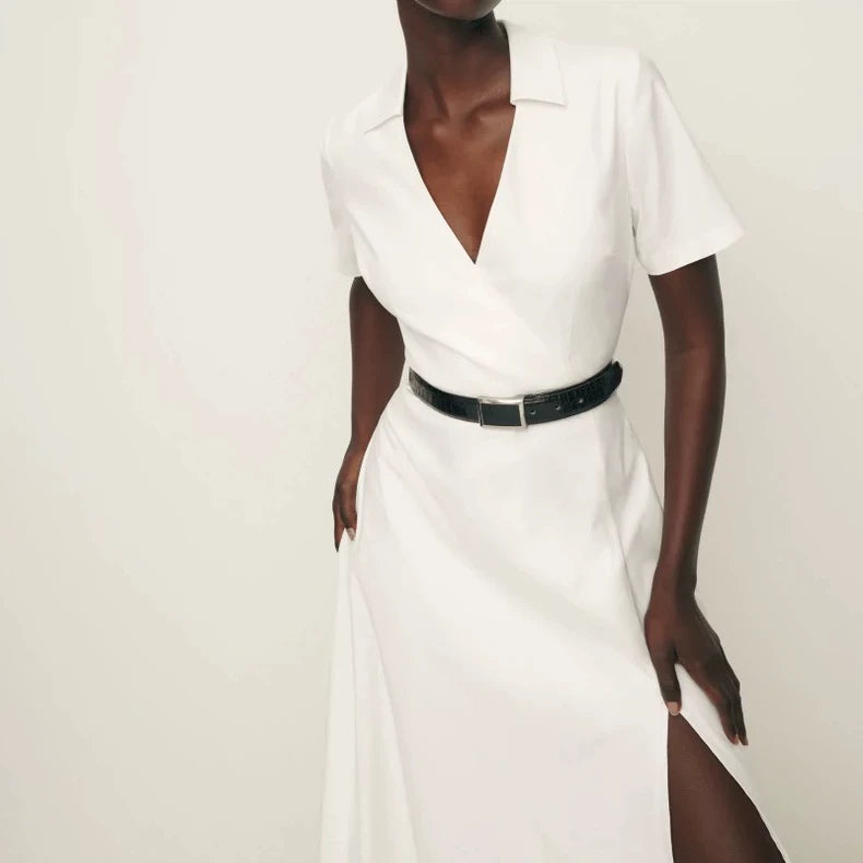 Ivory V-Neck Cotton Midi Dress