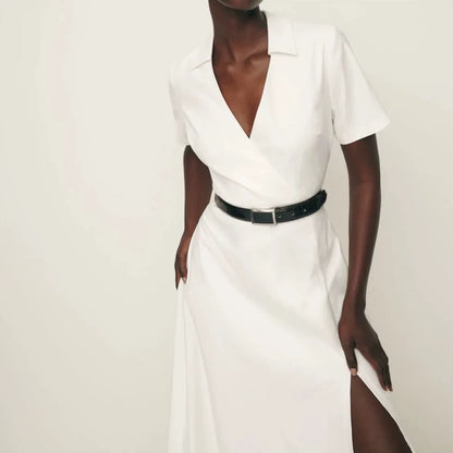 Ivory V-Neck Cotton Midi Dress