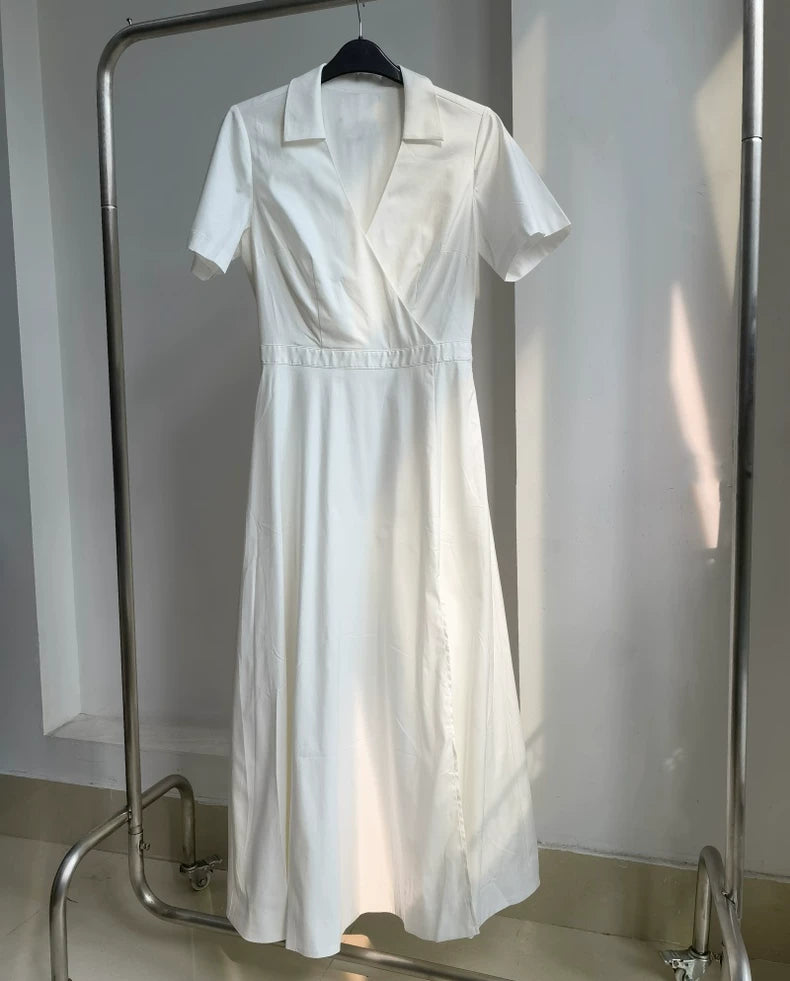 Ivory V-Neck Cotton Midi Dress
