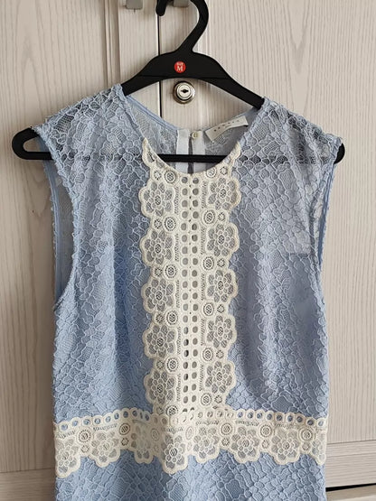 Sandro Two-Tone Lace Midi Dress — Powder Blue