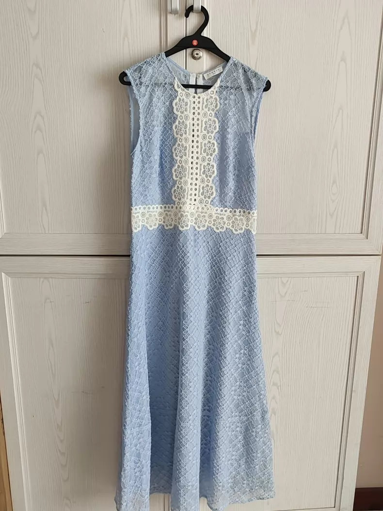 Sandro Two-Tone Lace Midi Dress — Powder Blue