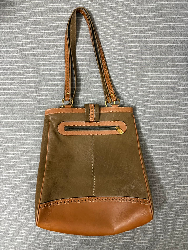 Vintage Olive & Tan Structured Tote Bag — Medium