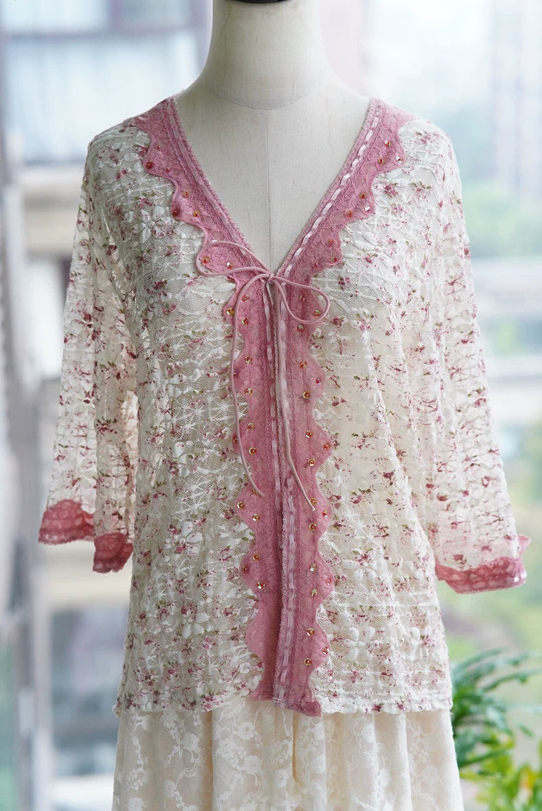 Rose-Lace Tie-Front Cardigan