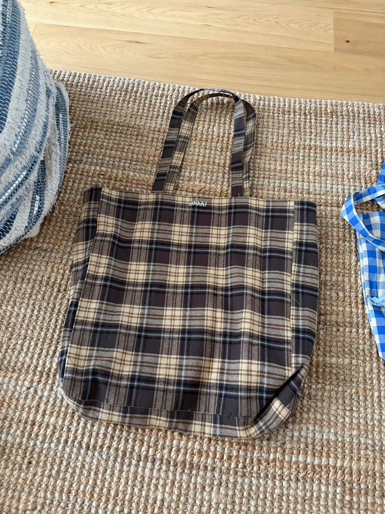 Ahhh Ochre Plaid Embroidered Tote Bag — Large