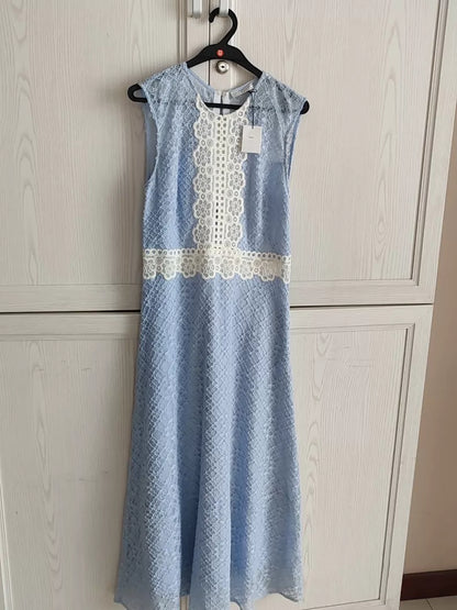 Sandro Two-Tone Lace Midi Dress — Powder Blue