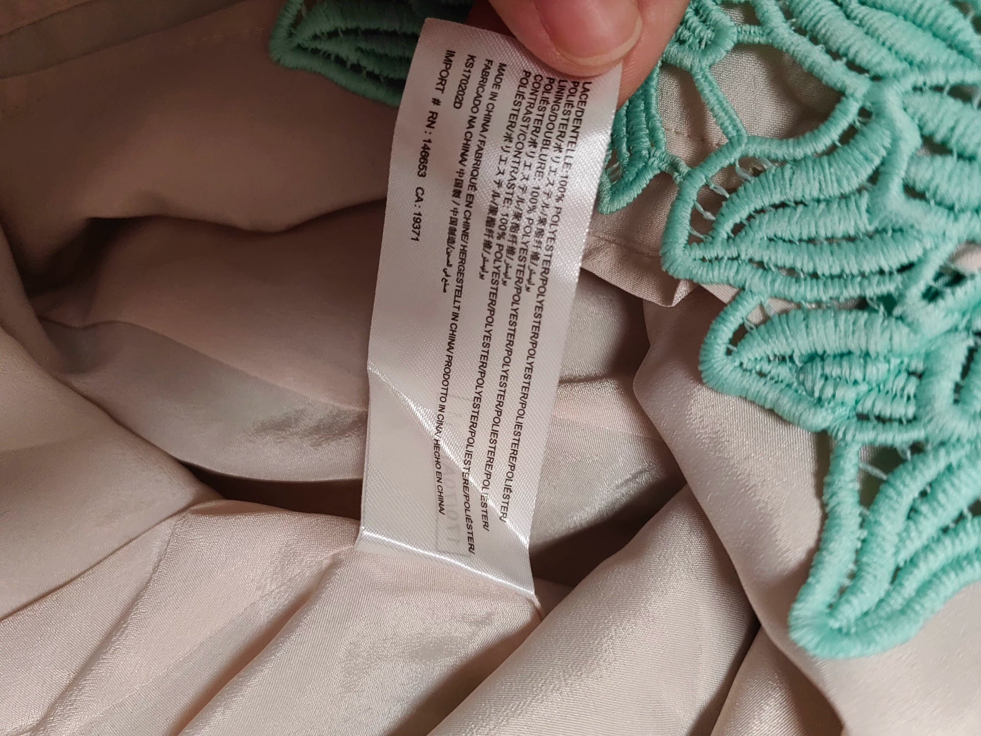 Keepsake seafoam lace dress — lining detail