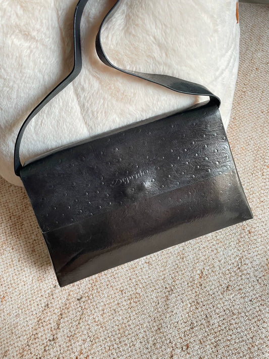 Dark Bronze Ostrich-Embossed Vintage Shoulder Bag