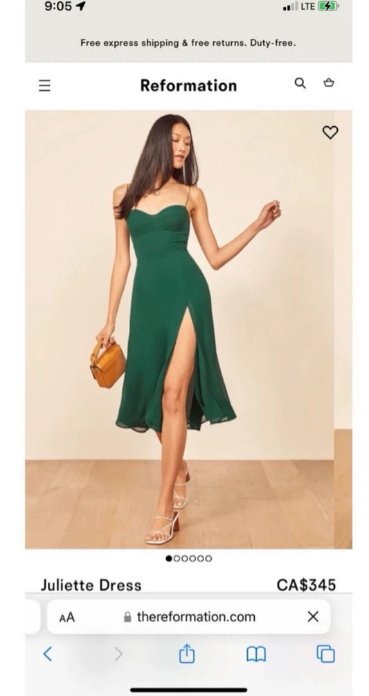 Reformation Juliette Green Slit Dress — front view