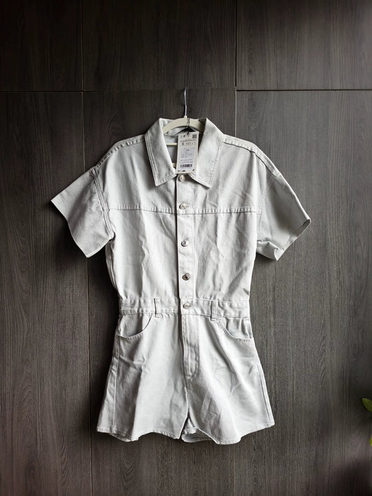 ZARA Grey Denim Short-Sleeve Romper