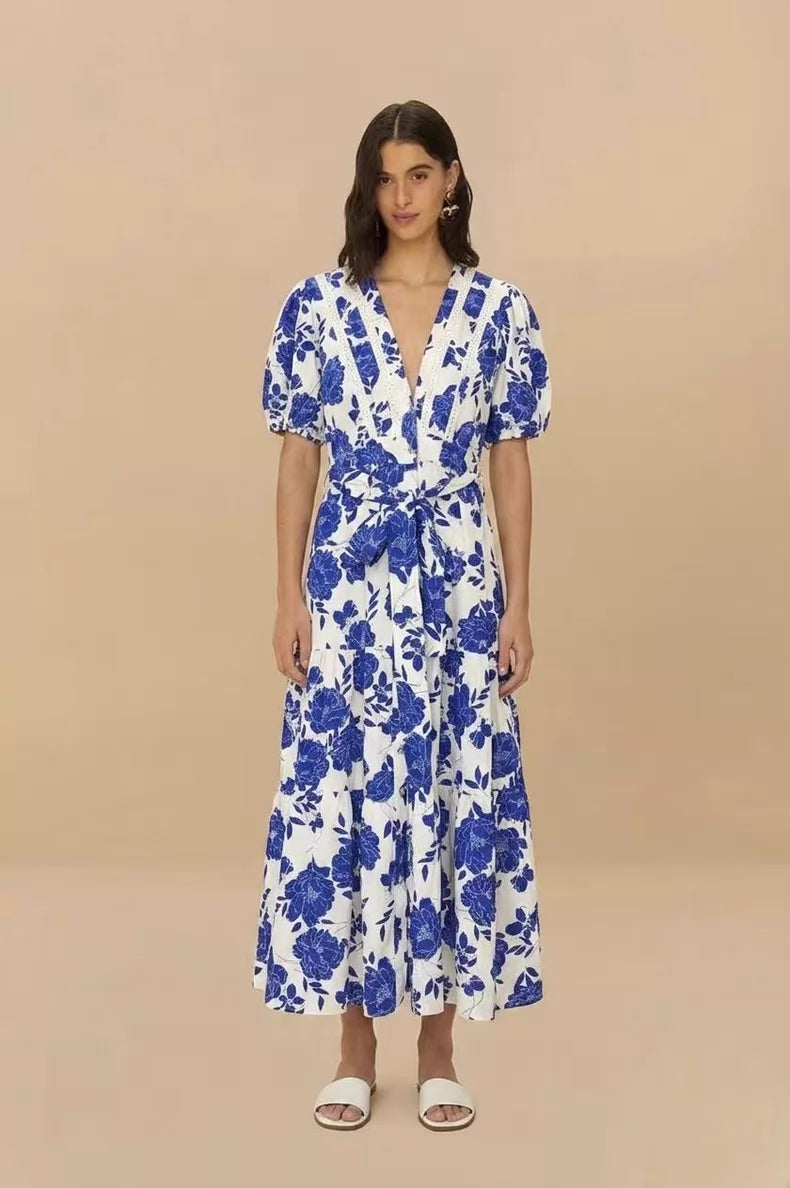 Cobalt botanical cotton midi dress — full flat view