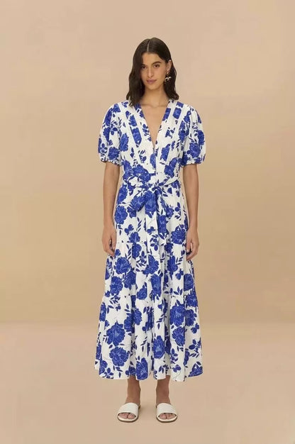 Cobalt botanical cotton midi dress — full flat view