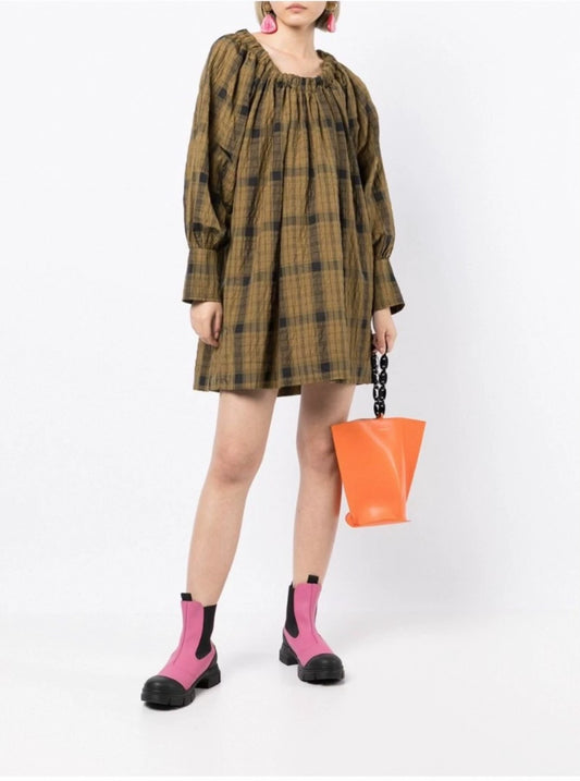 GANNI Ochre Check Seersucker Mini Dress — front view
