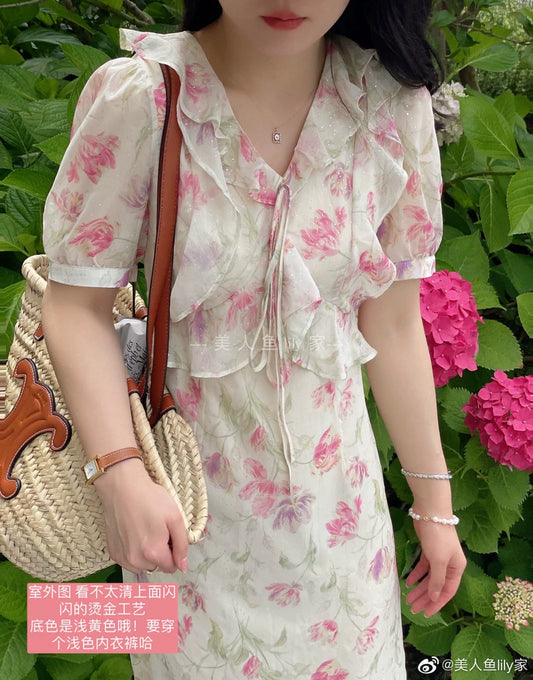 Blush floral ruffle midi dress - front view