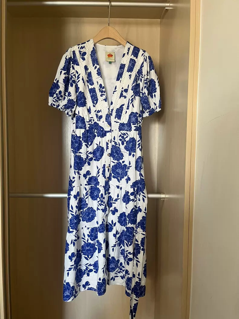 Cobalt botanical cotton midi dress — print detail