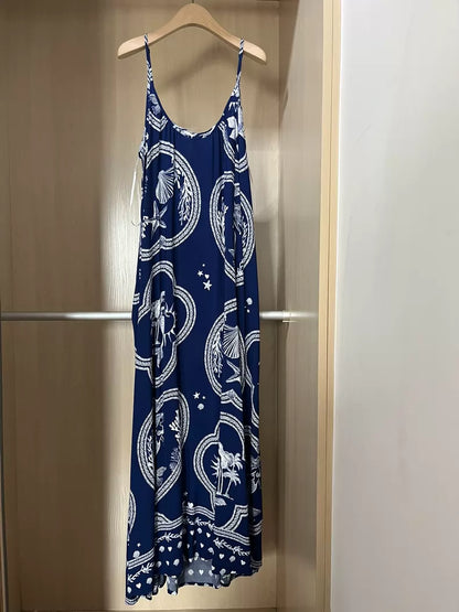 Navy celestial print camisole maxi dress — clean full view