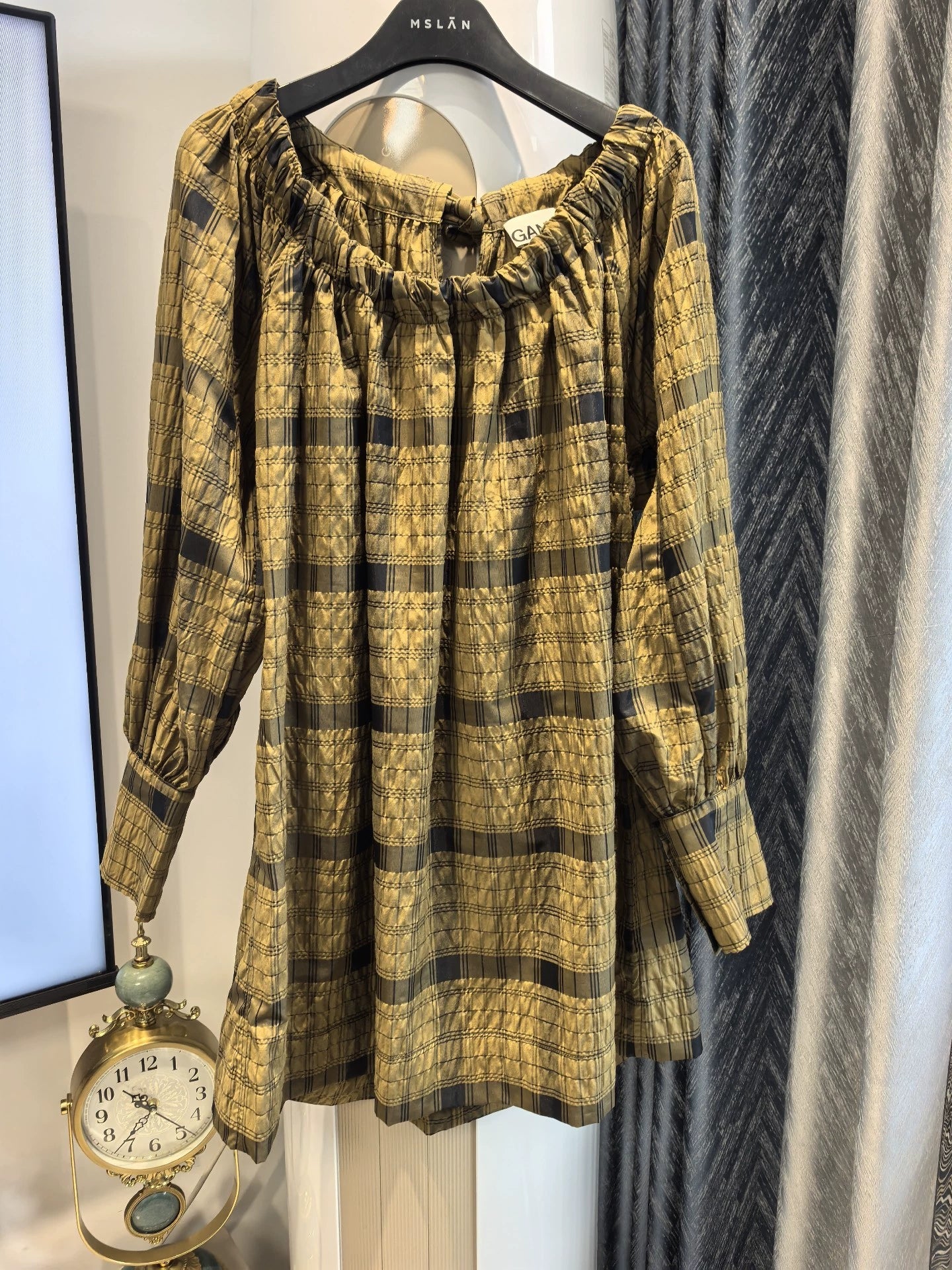 GANNI Ochre Check Seersucker Mini Dress — product detail 2