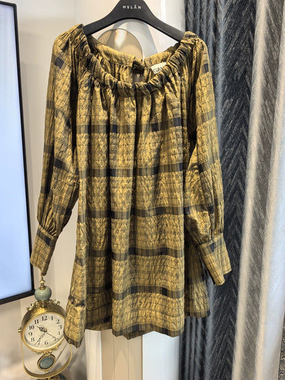 GANNI Ochre Check Seersucker Mini Dress — product detail 2