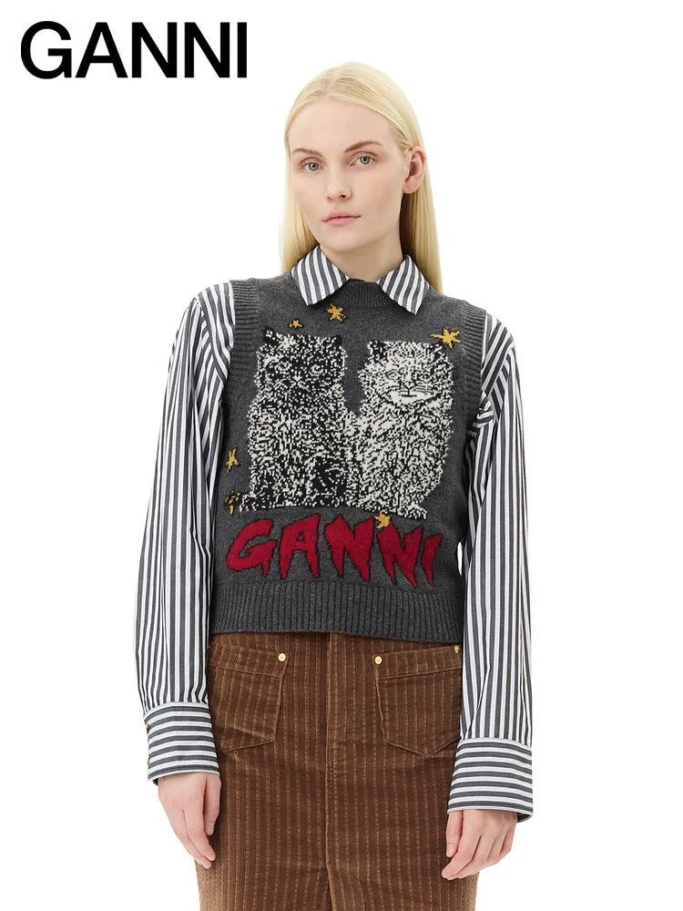 GANNI Grey Cat Knit Vest — front view