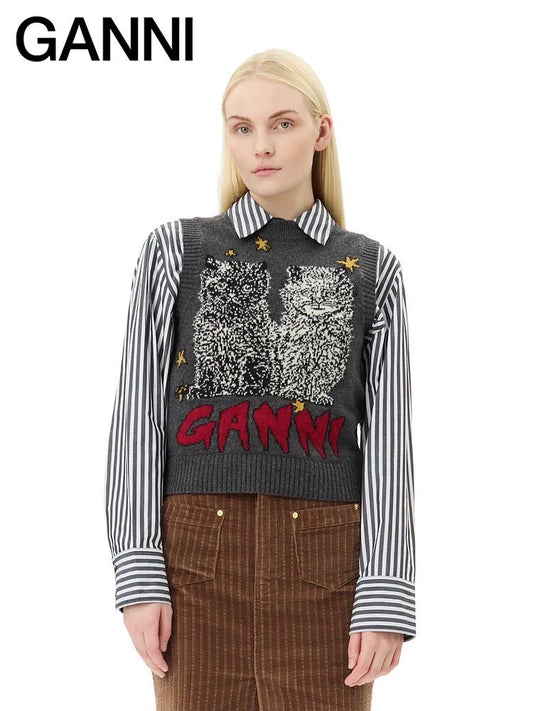 GANNI Grey Cat Knit Vest — front view