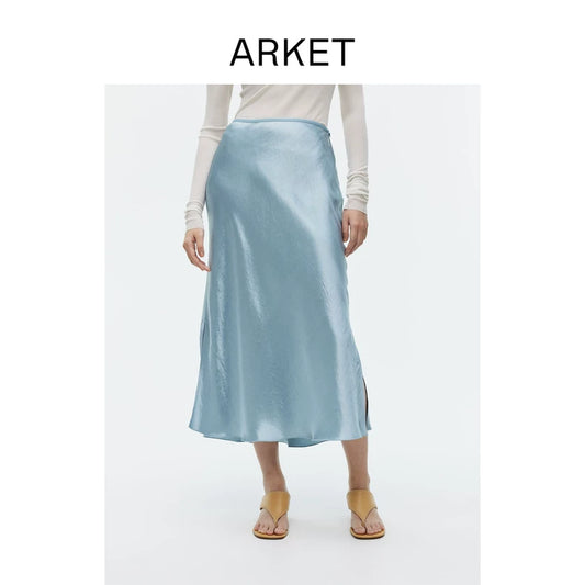ARKET Light Blue Satin-Effect Midi Skirt
