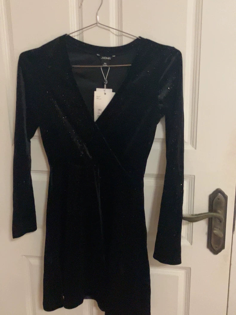 MONKI Black Velvet V-Neck Mini Dress