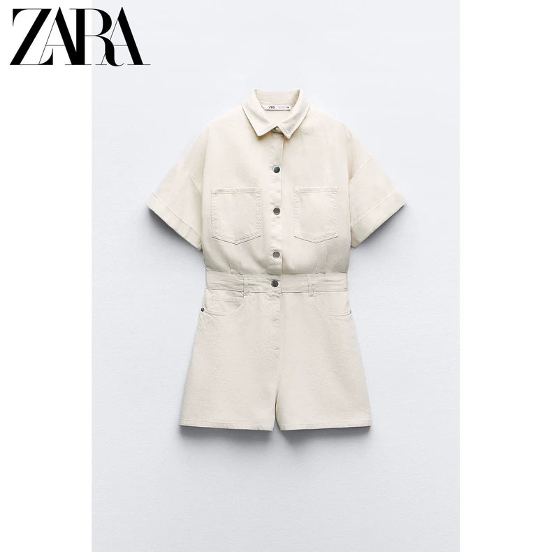 ZARA White Denim Short-Sleeve Romper