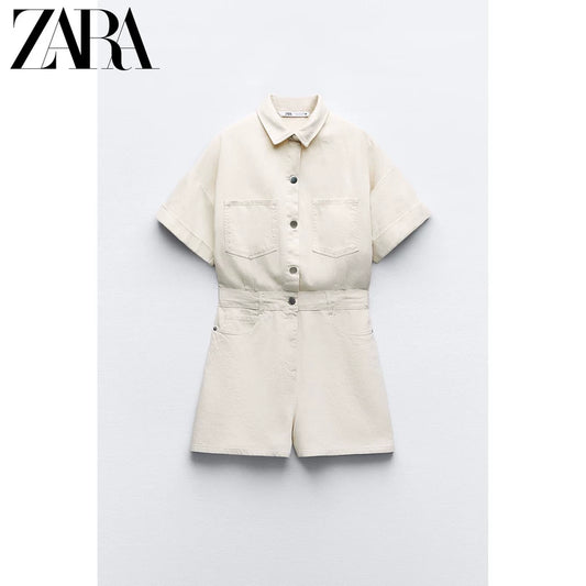 ZARA White Denim Short-Sleeve Romper