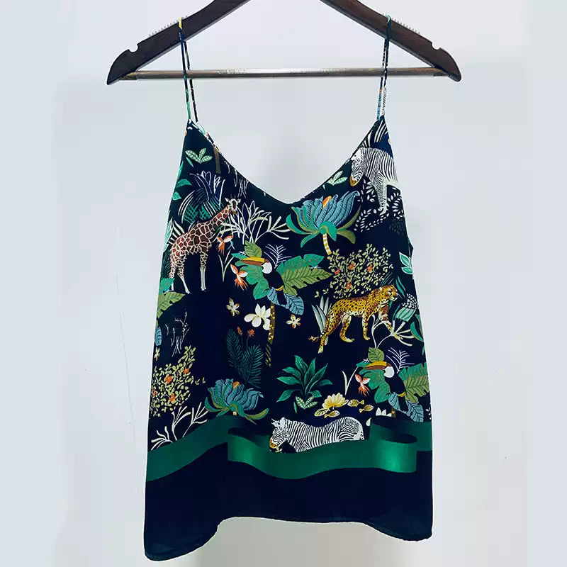 Yimengdu Jungle Print Mulberry Silk-Blend Camisole Top — front view