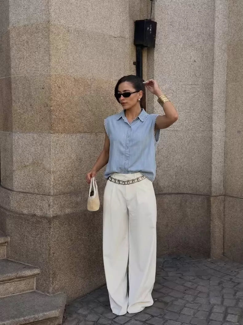 Lyocell crochet-trim blouse — styled front view