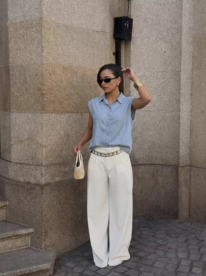 Lyocell crochet-trim blouse — styled front view