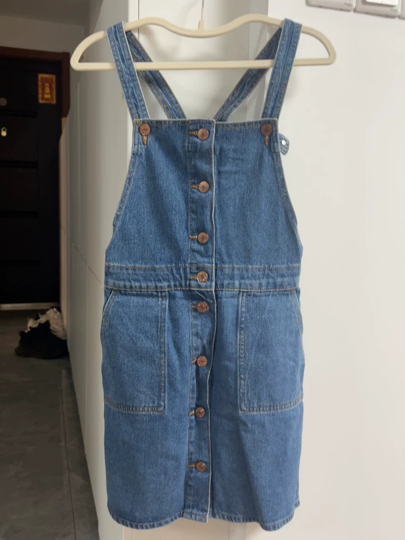 MONKI Blue Button-Front Denim Pinafore Dress