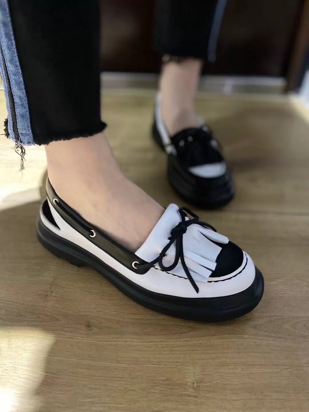Camper Black and White Tassel Shoes