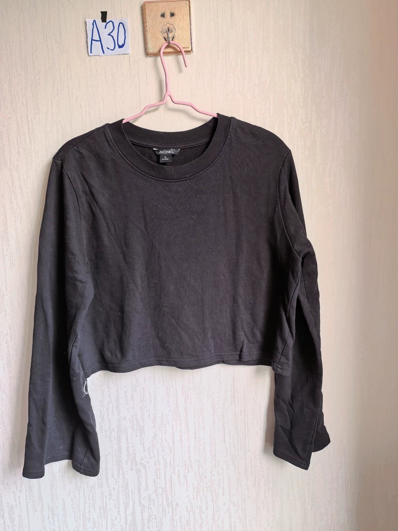 MONKI Black Cropped Cotton Long-Sleeve Top