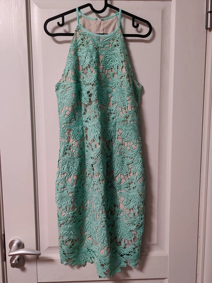 Keepsake seafoam lace halter midi dress — full view